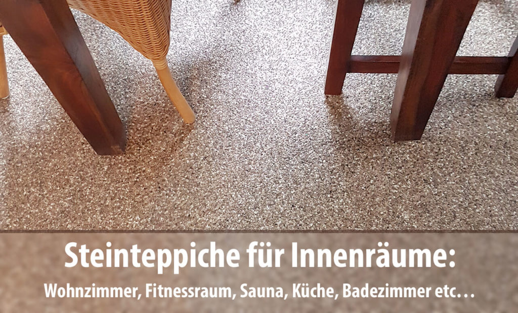 Auch in Innenräumen wie im Wohnzimmer, Badezimmer, Wellnessbereich, Sauna, Kinderzimmer oder Küche lassen sich Marmor-Steinteppiche perfekt als Bodenbelag einsetzen.